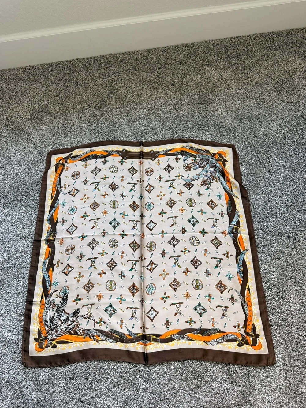 Silk-Feel Square Scarf in Cream, Brown & Orange